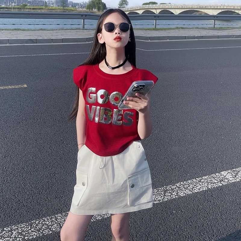 女童时尚亮片字母T恤2025夏季新款辣妹韩版儿童工装半身裙两件套