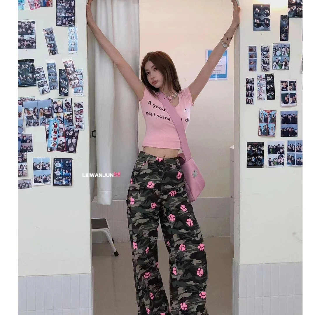 婉君【爪子迷彩裤】美式复古阔腿显瘦迷彩工装休闲裤LWJ24A1K758