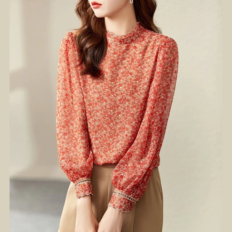 2025新款加厚文艺碎花秋上衣衬衣花边立领显瘦洋气小衫ja02