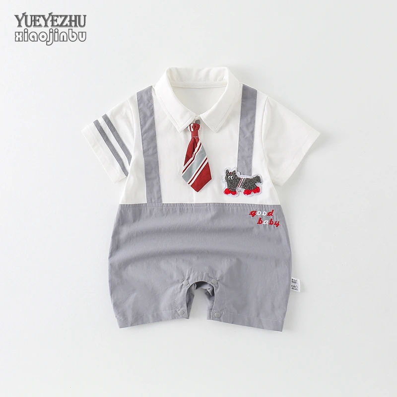 男宝宝夏装短袖连体衣新生婴儿衣服夏季假两件周岁礼服外出百天潮