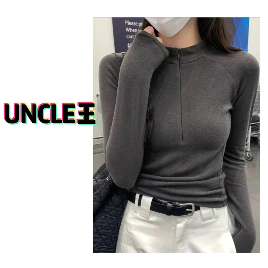 半高领拉链打底衫设计感修身内搭长袖T恤鱼骨上衣