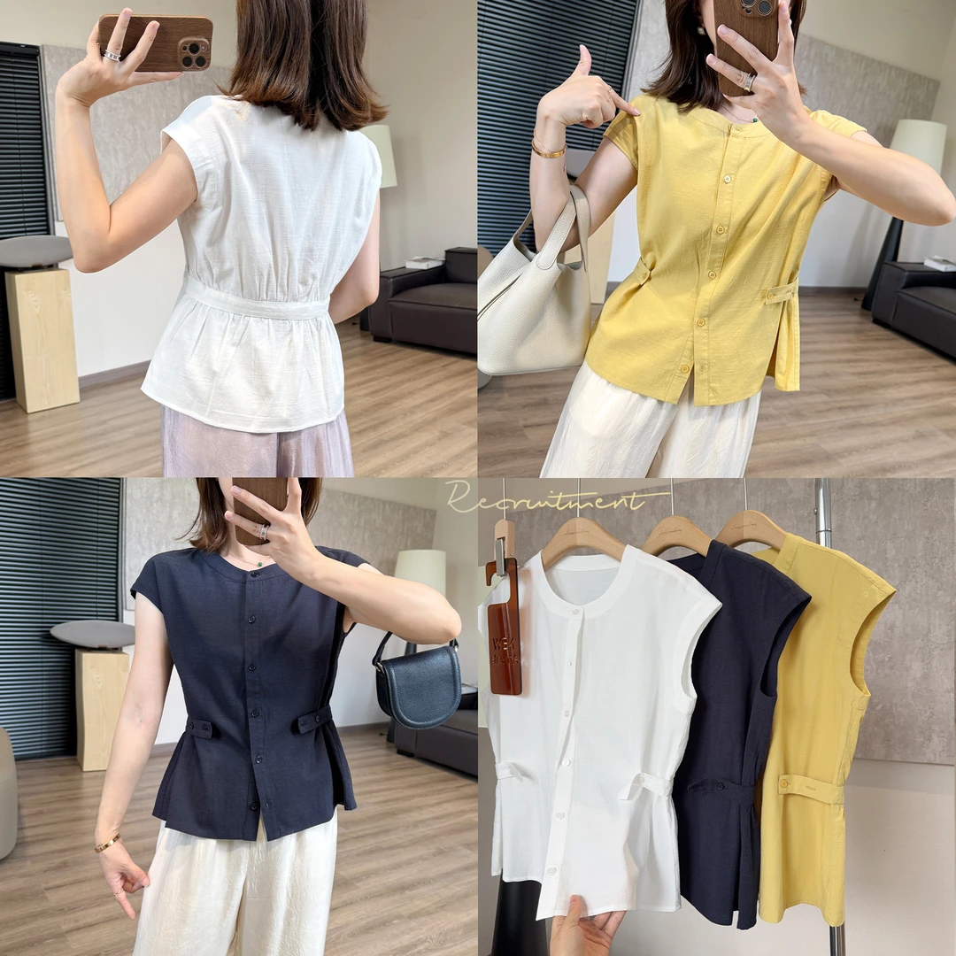 靓小靓【纽扣收腰亚麻棉衬衫】遮肚腩夏季透气小衫气质裙摆上衣