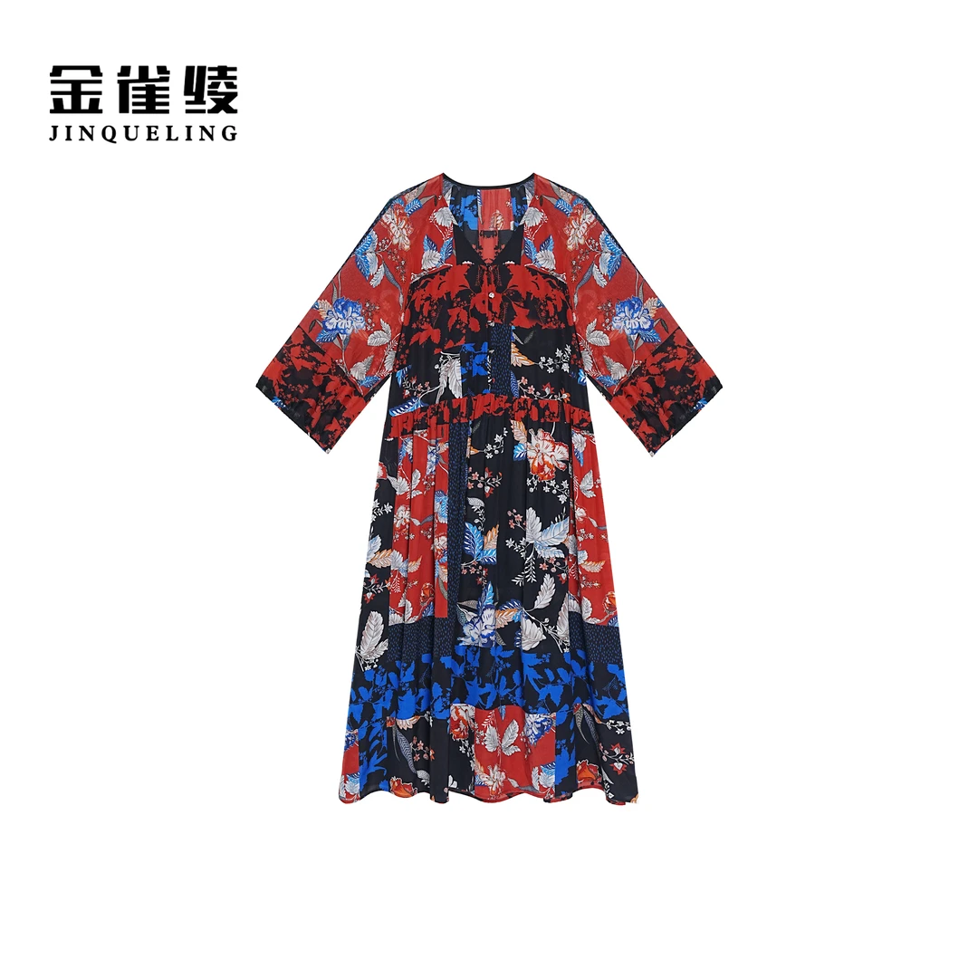 金雀绫【一帘幽梦】100桑蚕丝时尚印花大码女装连衣裙SZA1L163