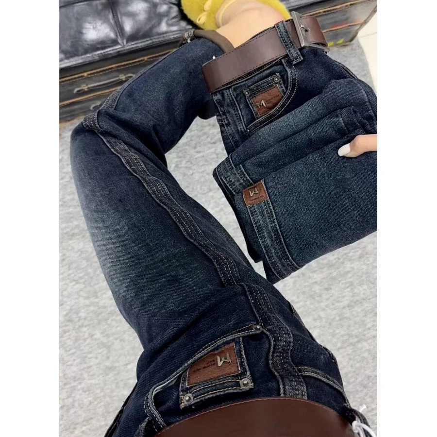 复古加绒哈伦牛仔裤女秋冬新款大码胖mm高腰宽松显瘦九分老爹裤子