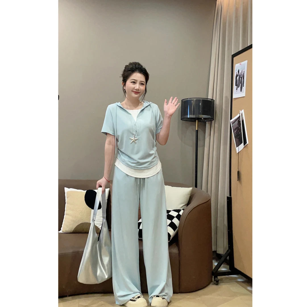 大萌萌【现货】时尚百搭假两件T恤上衣+长裤夏季微胖显瘦P225A09444