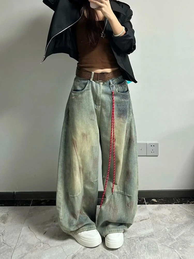 美式高街复古小众脏染弯刀牛仔裤辣妹宽松设计感解构阔腿拖地裤子