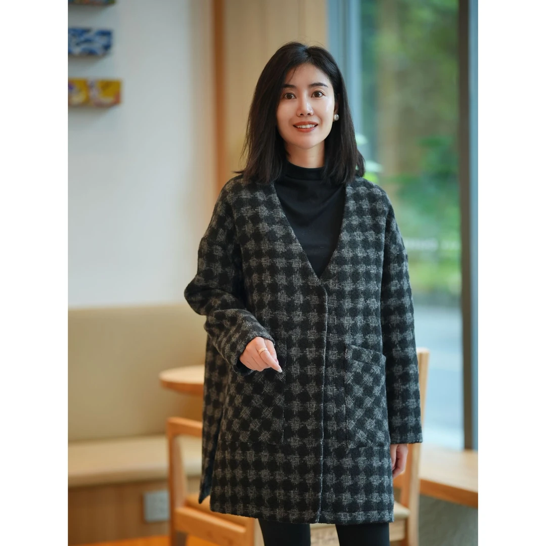 北桔2024秋冬新款韩系气质百搭休闲时尚高级设计感格子外套4019