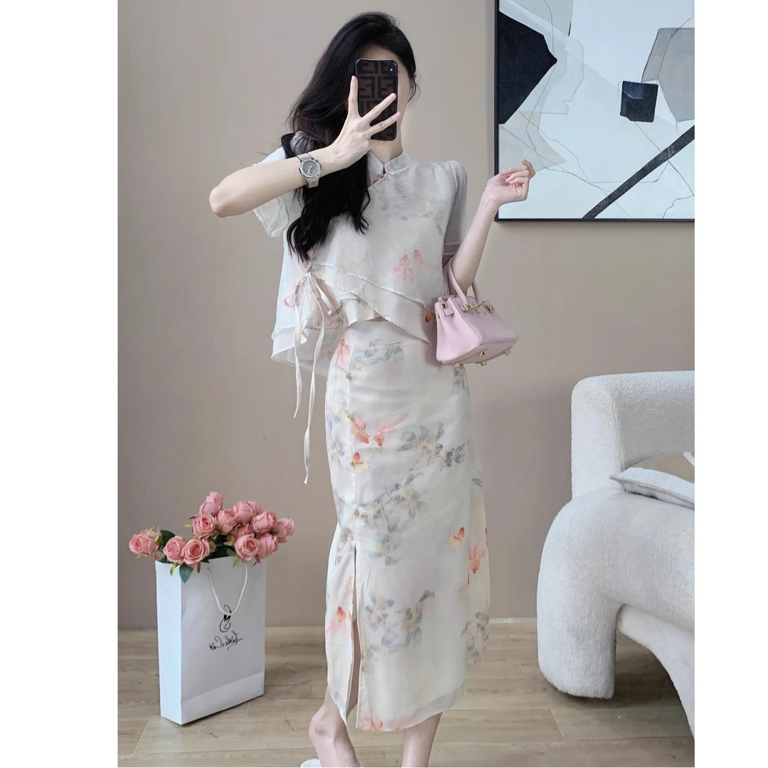 国风少女碎花旗袍套装女2025夏古典风温婉气质短袖上衣半裙两件套
