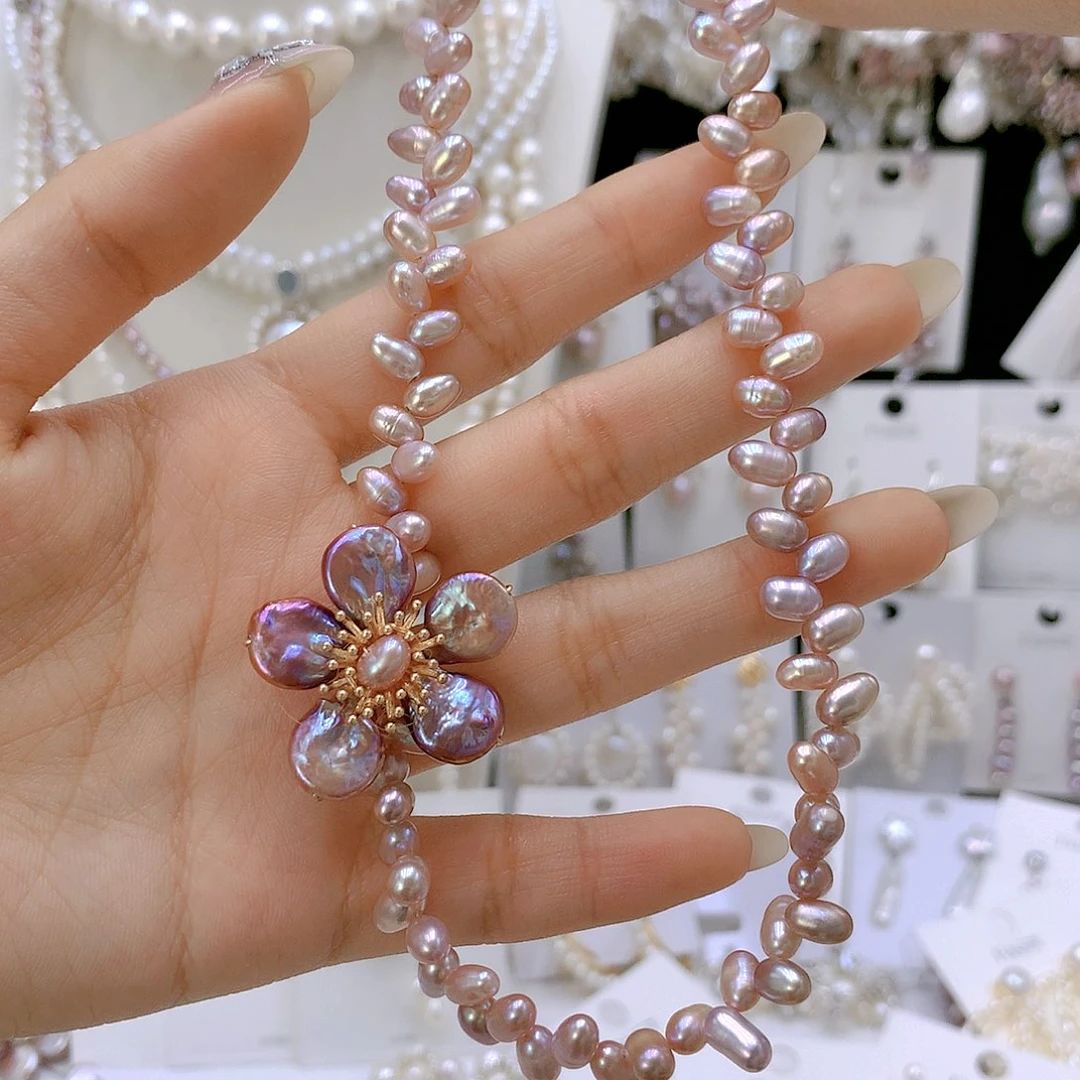 银S925镶嵌耳饰淡水珍珠花