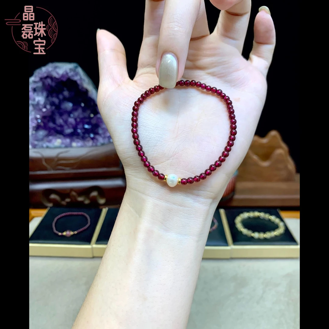 天然紫牙乌石榴石淡水珍珠女款手工时尚女士红色珠珠老型单圈