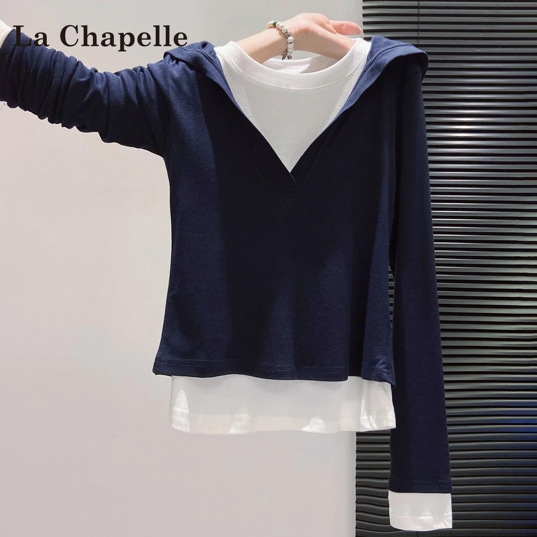 拉夏贝尔连帽假两件小个子长袖t恤女2025秋冬修身酷飒风打底上衣