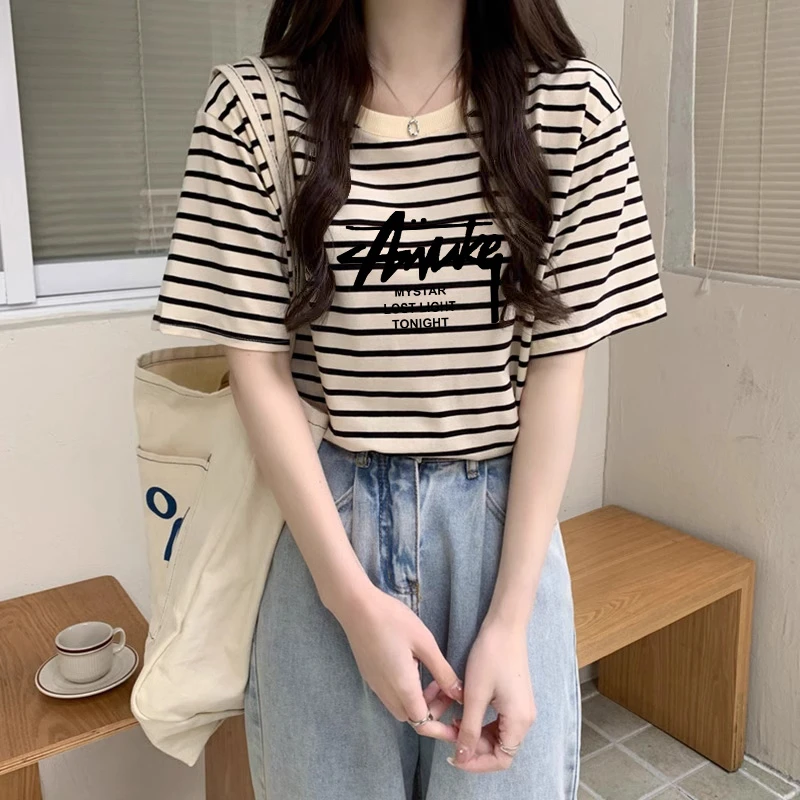 正肩字母条纹短袖t恤女2025新款时尚百搭洋气圆领上衣打底衫夏季