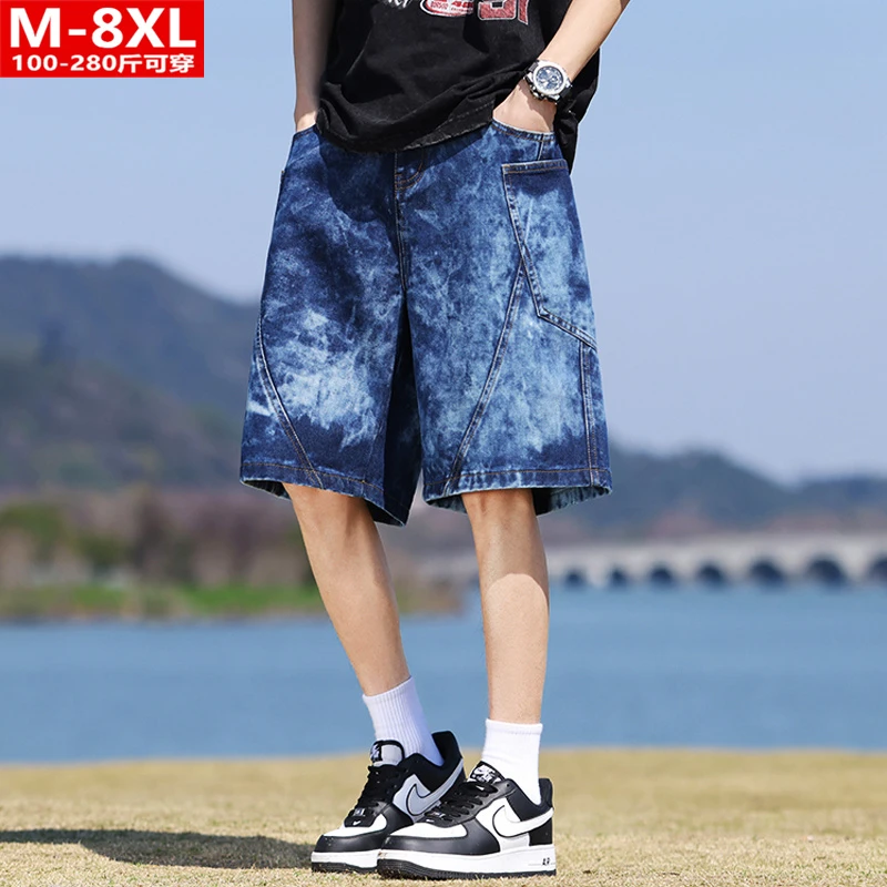 夏季潮流港风男装时尚牛仔五分裤胖大码宽松休闲裤衩男士牛仔短裤