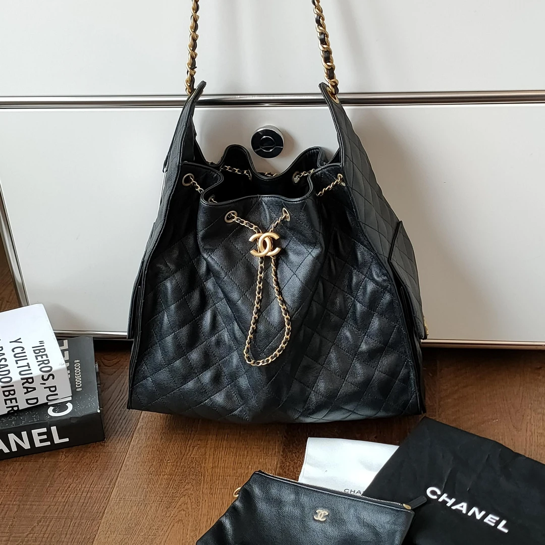 95新 Chanel/香奈儿 25S黑金荔枝皮25Bag中号单肩包48179