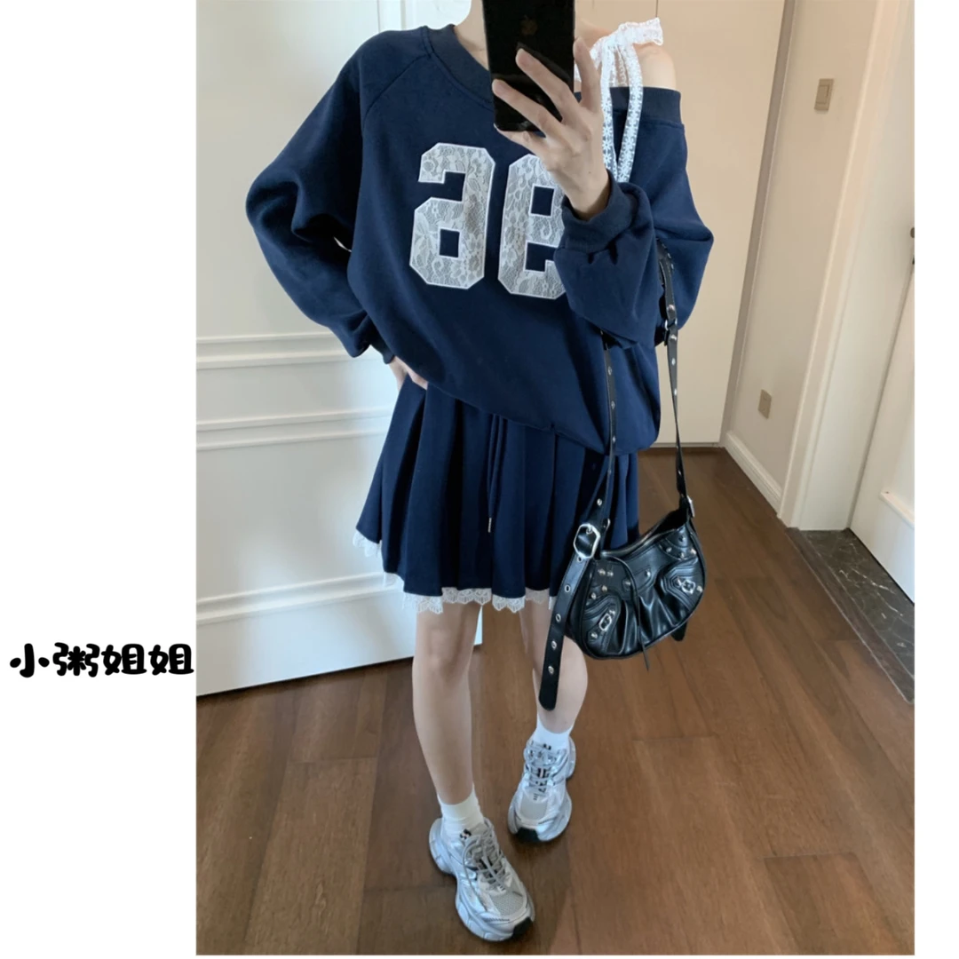 【XZ001】法式斜领露肩上衣时尚短裙两件套2025春季新款慵懒风套装