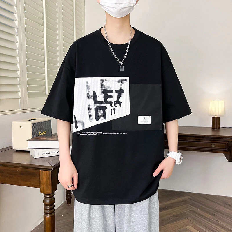 青少年拼接短袖青少年夏季T恤阔版t恤上衣五分袖男装帅气韩版学生