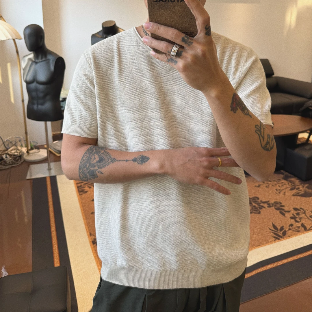 老前风重磅棉纱V领针织短袖t恤男新款硬汉沉稳百搭潮流简约上衣