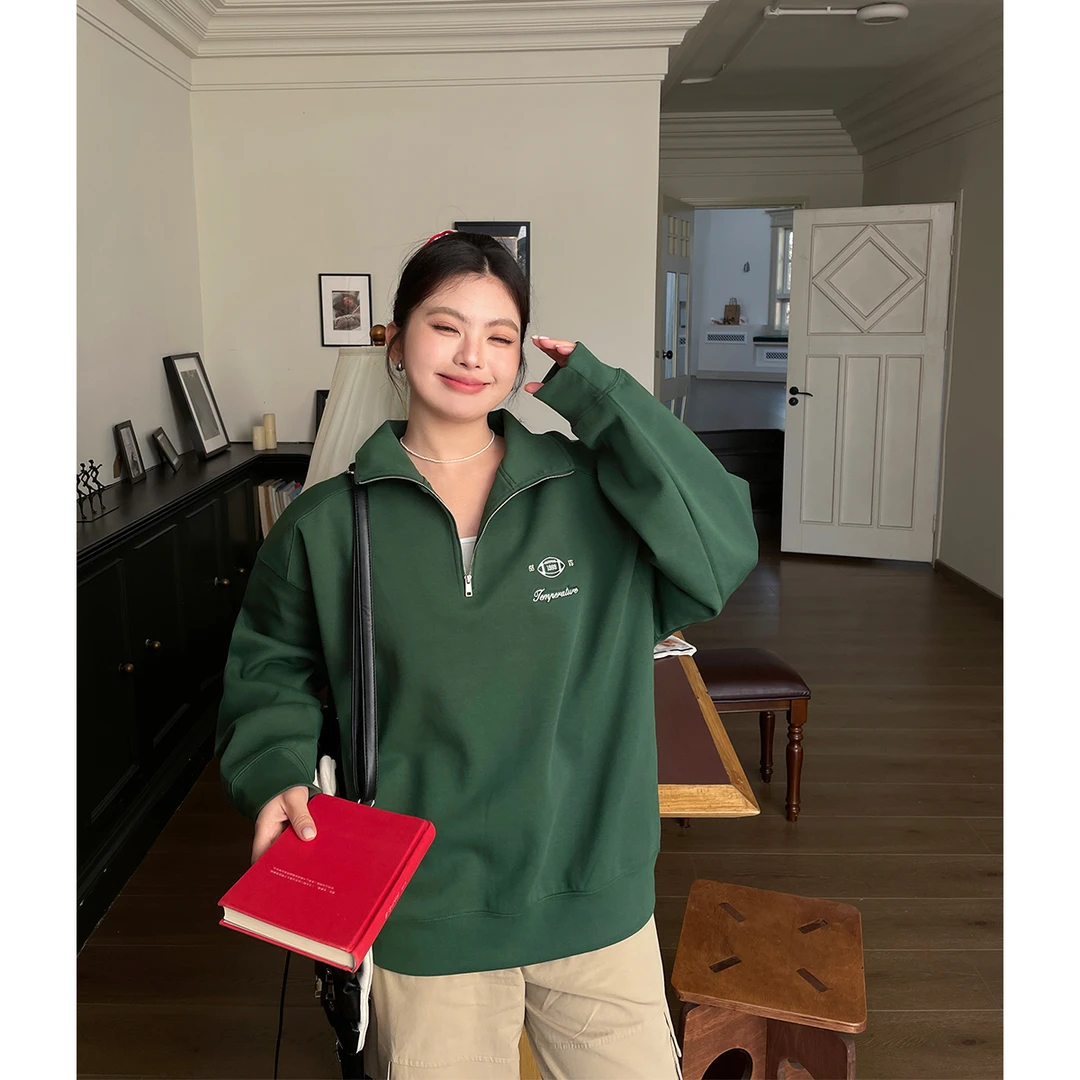 BUMENYLEE春装新款女装美式复古卫衣胖mm大码半拉链独特漂亮上衣