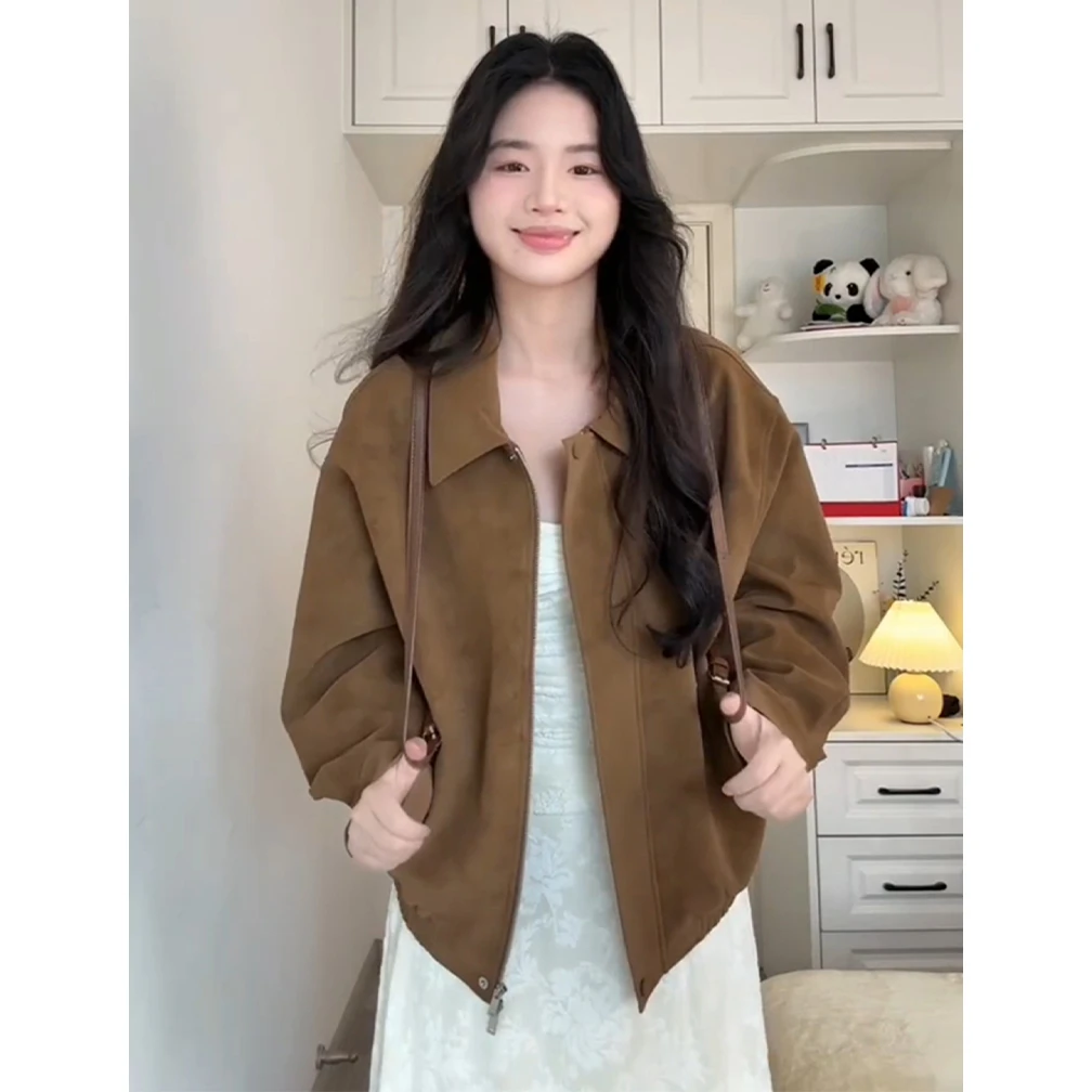 美式复古气质感棕色麂皮polo领外套女秋季新款休闲风宽松百搭上衣