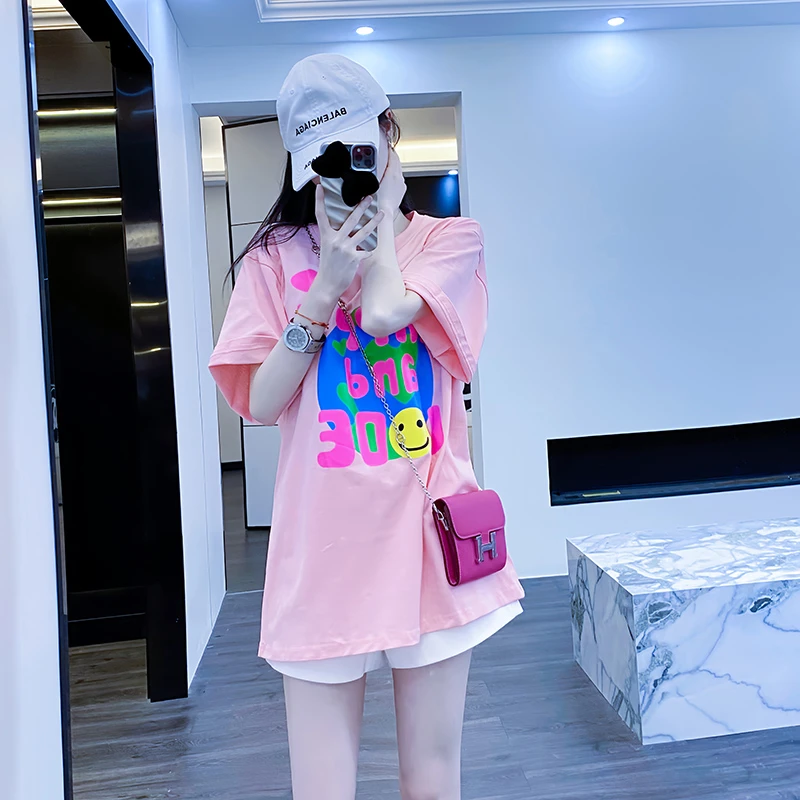 粉色短袖t恤2025夏季新款宽松中长款洋气减龄显瘦遮屁股上衣潮牌