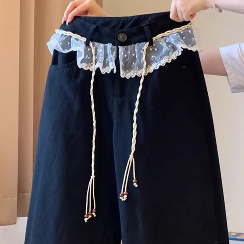 今年流行的慵懒松弛感黑色蕾丝系带运动阔腿裤子女2025新款早春季