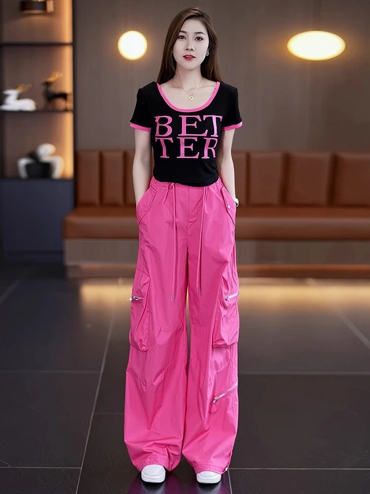 多巴胺速干工装裤女夏新款高腰时尚运动休闲潮酷短袖阔腿裤两件套