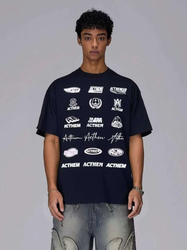 夏季情侣短袖美式斑驳落肩T恤白色黑色