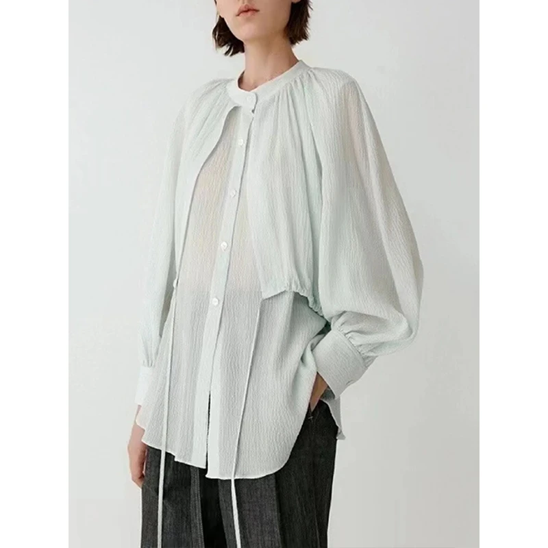 原厂孤品特价清！“小禾”横条绉腰部系带圆领衬衫R76
