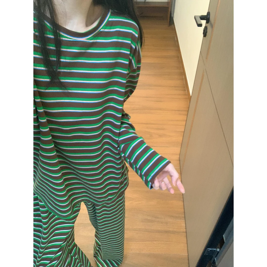 甜美简约撞色条纹睡衣女春秋季2025新款长袖长裤家居服套装可外穿