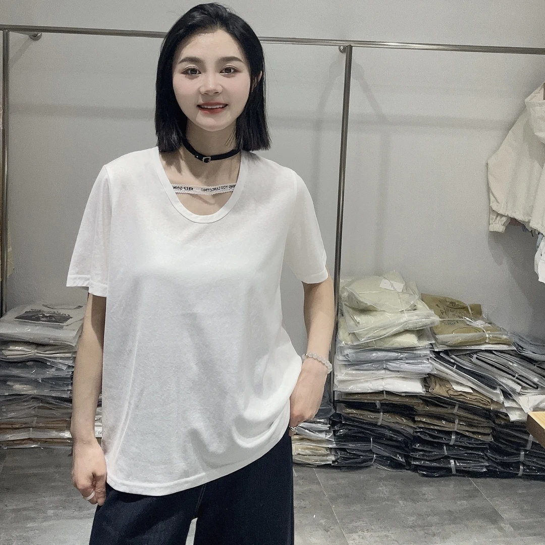 LMM 2503 欧货2025年夏季新款圆领字母纯色百搭显瘦正肩短袖T恤