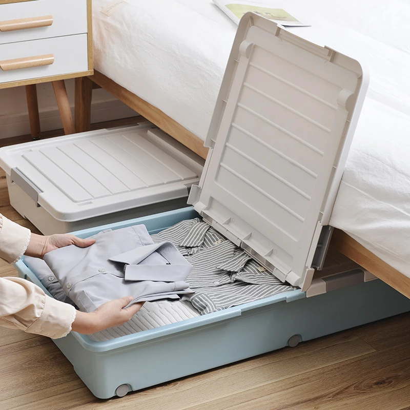 特大号扁平塑料储物箱带滑轮衣服被子床下收纳整理盒