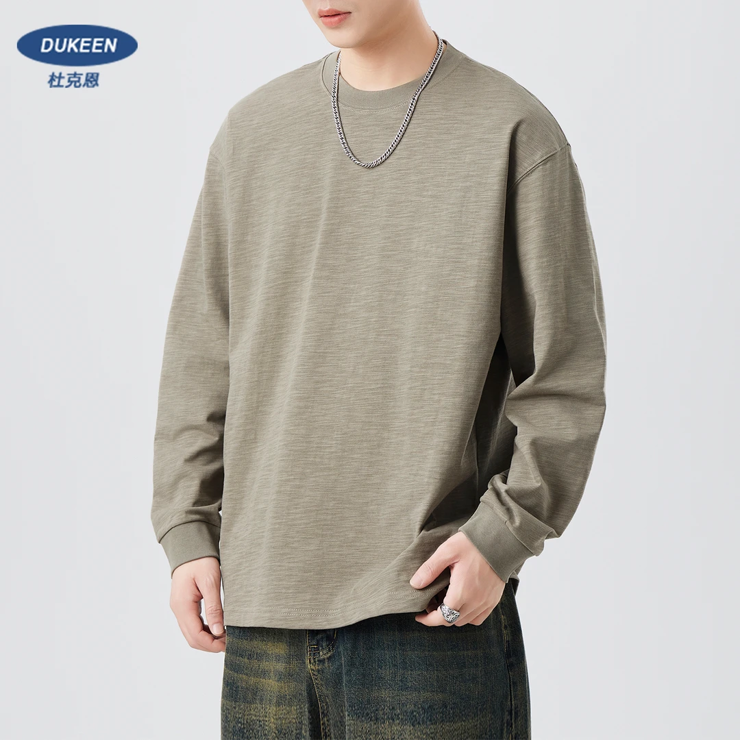 杜克恩重磅竹节棉t恤男款长袖秋季新款美式圆领宽松纯棉打底衫T恤
