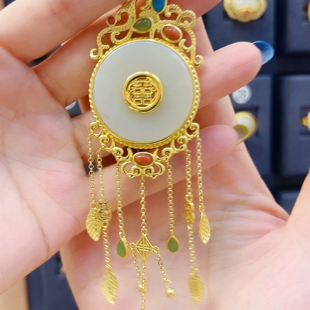 和田玉银S925镀金镶嵌颈饰