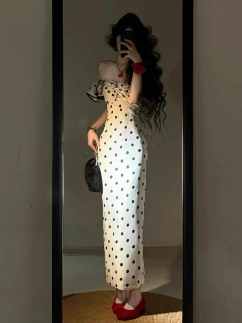 波点一字肩连衣裙女装2025新款夏季上流社会法式高级感气质长裙子