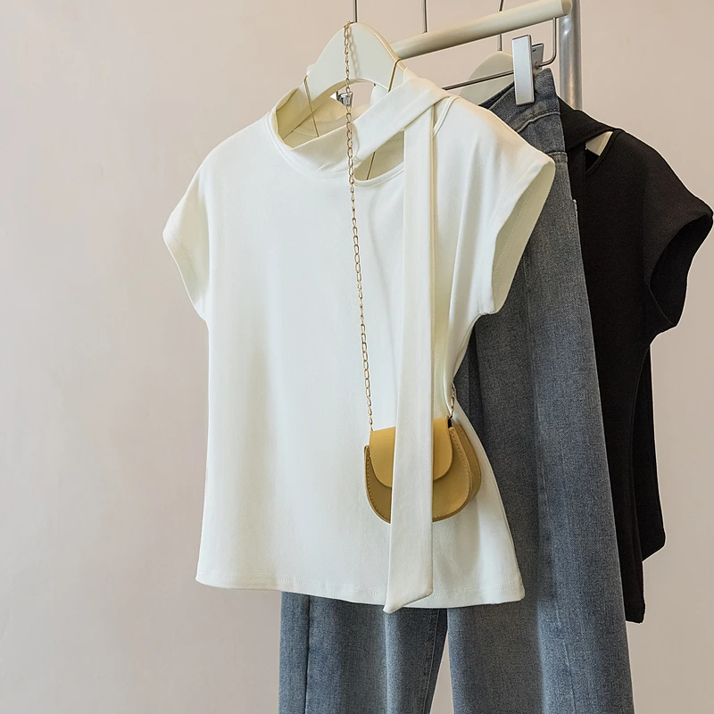 针织大码短袖女2025春季纯色新款胖MM显瘦百搭上衣飘带弹力T恤衫