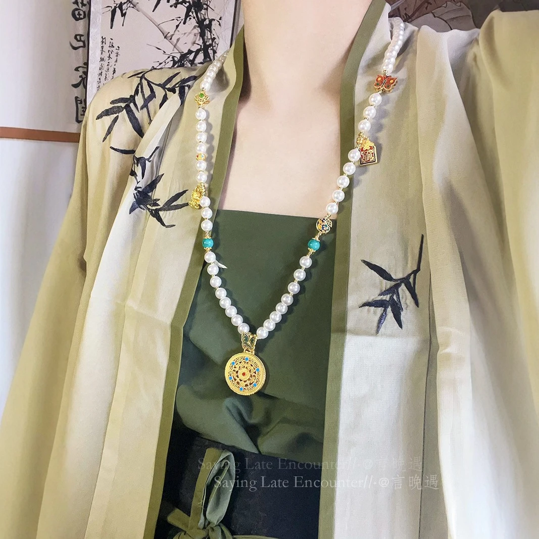 铜合金仿珍珠项链 新中式古风圆牌珍珠长款项链国风轻奢旗袍配饰