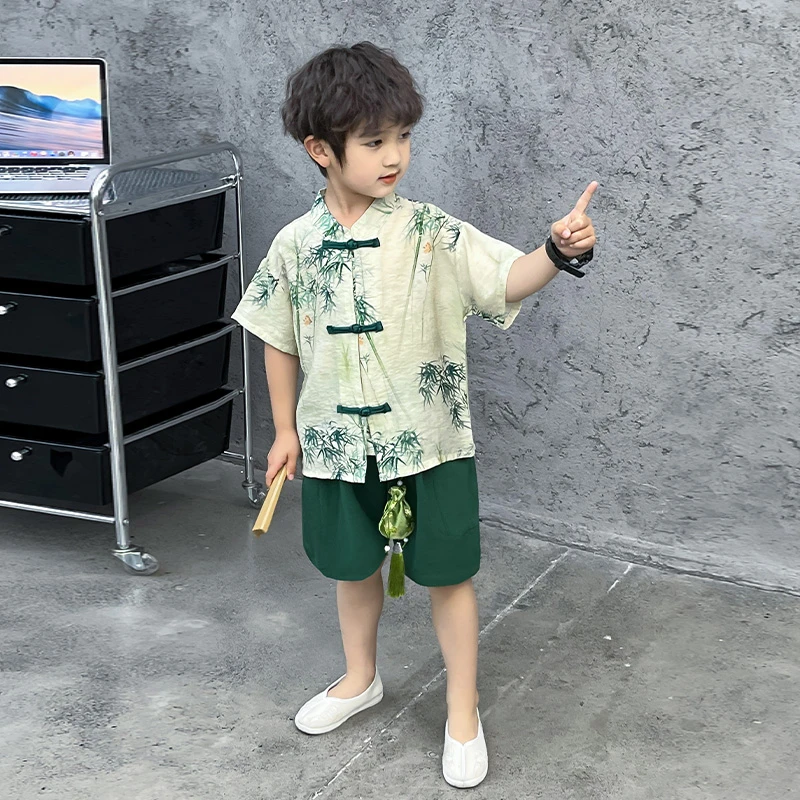 新中式国风男童汉服套装小男孩夏季儿童短袖短裤新款唐装周岁礼服