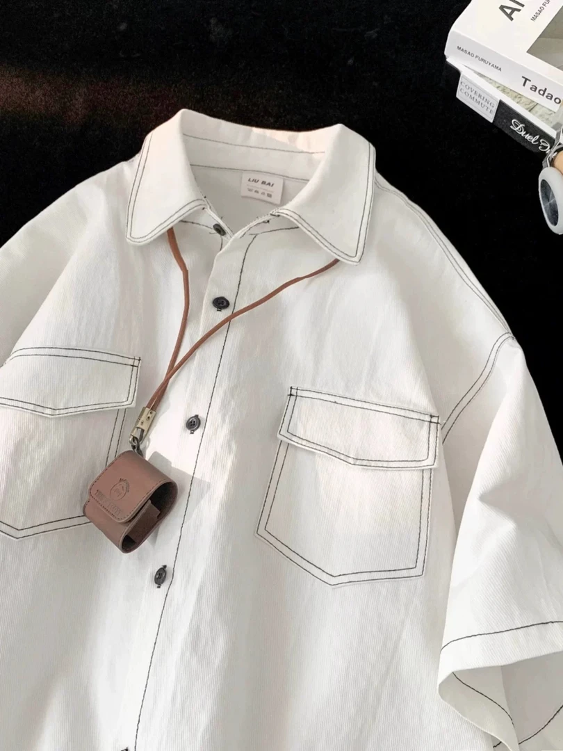 日系复古短袖衬衫男女2025夏休闲百搭高级感ins风明线设计感短t