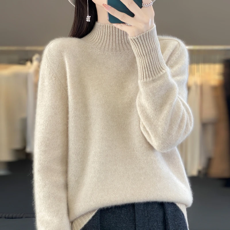 美丽动人~冬季新款半高领纯羊毛七针加厚红菱同款羊毛衫女