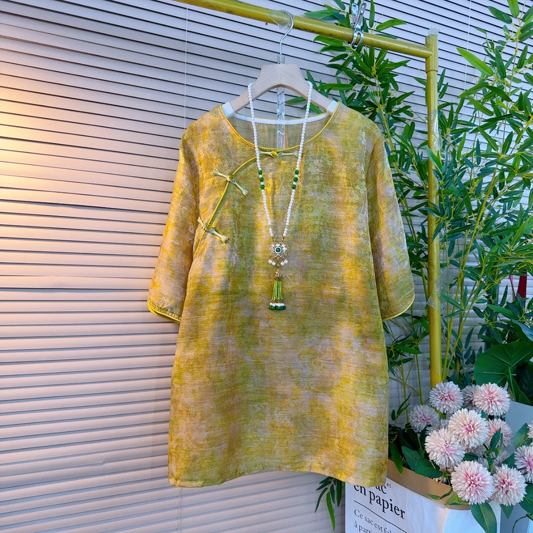 P欧货时尚新中式民族复古盘扣款设计感晕染显瘦衫搭阔腿裤两件套