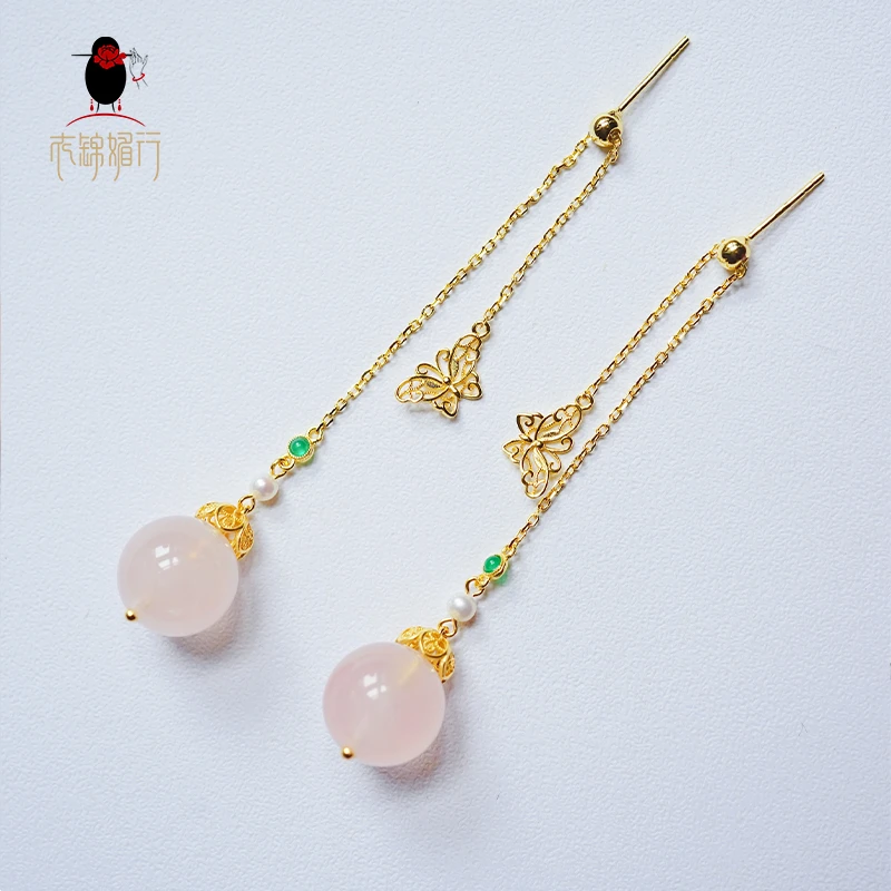 衣锦媚行 925银镶水晶圆珠蝴蝶花丝耳坠耳环