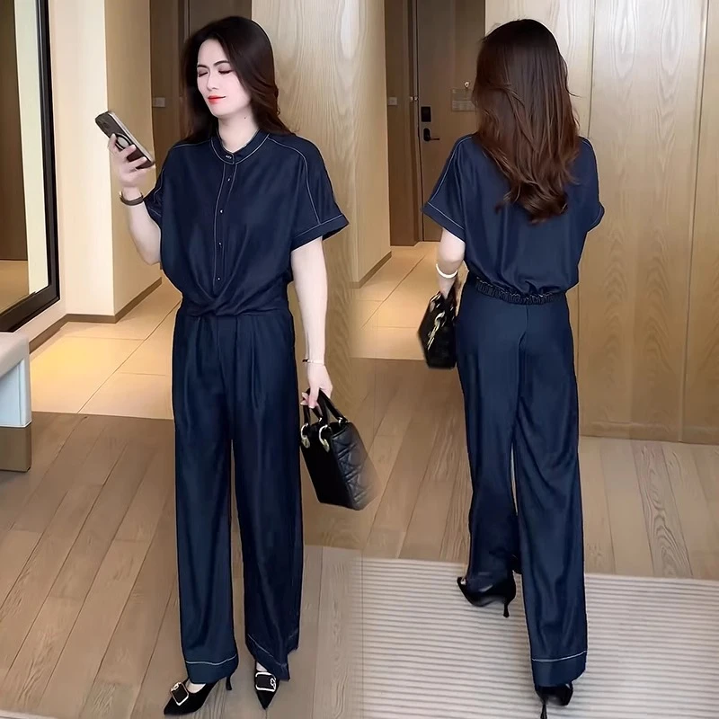 时尚洋气套装女装夏季2025新款韩版宽松遮肉显瘦短袖阔腿裤两件套