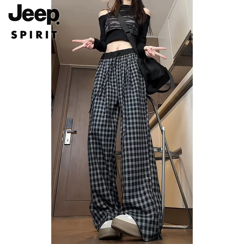 JEEPSPIRIT 吉普时尚 美式复古格子阔腿裤女夏季高腰慵懒风休闲裤