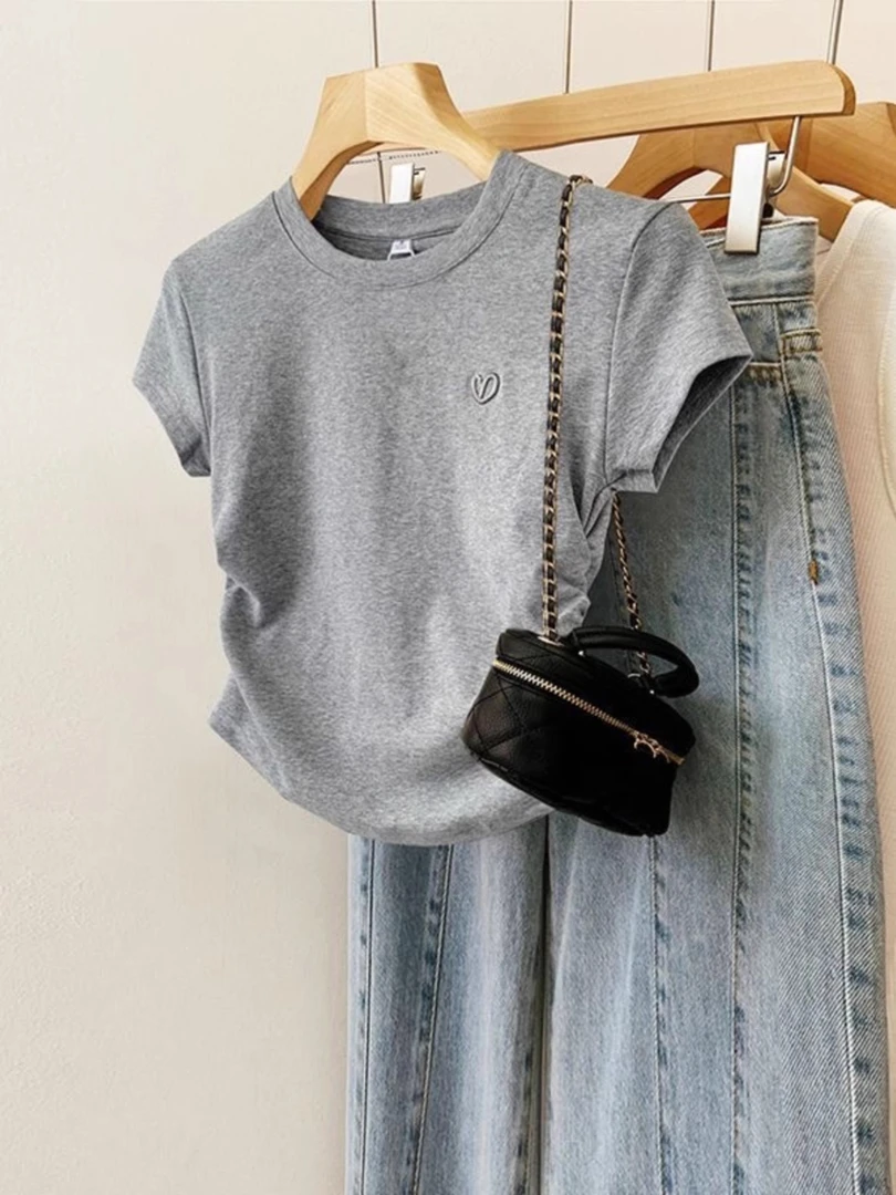 女装大码夏季胖mm百搭洋气修身显瘦甜美褶皱设计感圆领上衣棉T恤