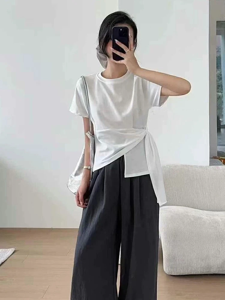 简约风雪花棉纯色短袖t恤女下摆设计百搭体恤衫2687