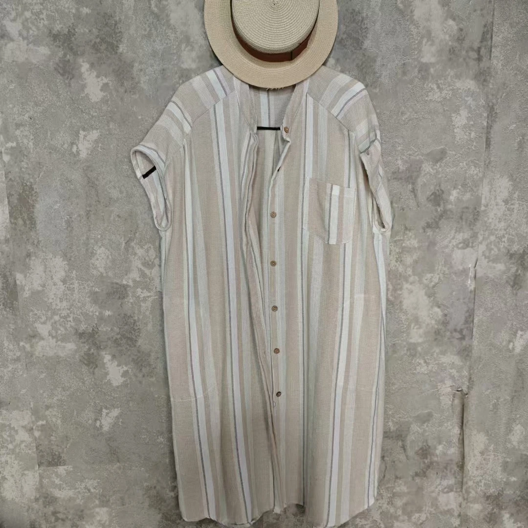 【沐木流浪记】咖白条纹圆领单口袋女装风衣外套Z