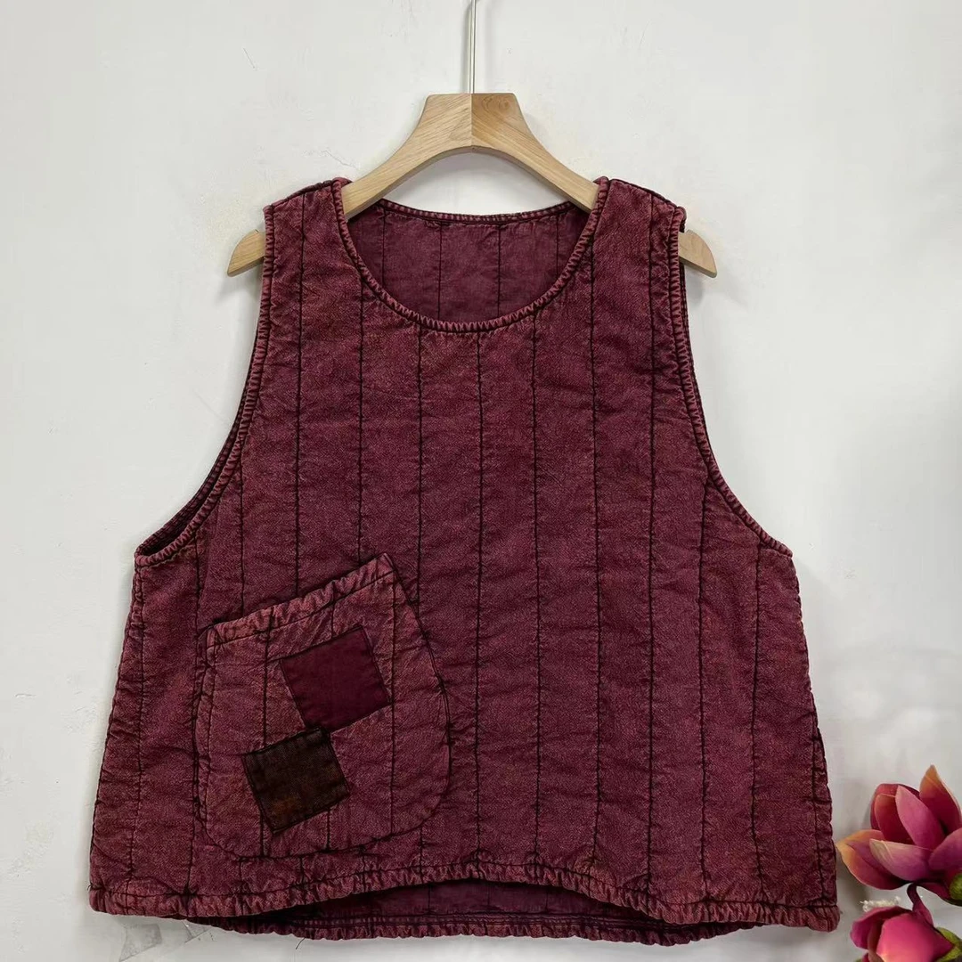 花璟原创设计复古炒色做旧大口袋贴布夹棉马夹（衣长55 胸围112）