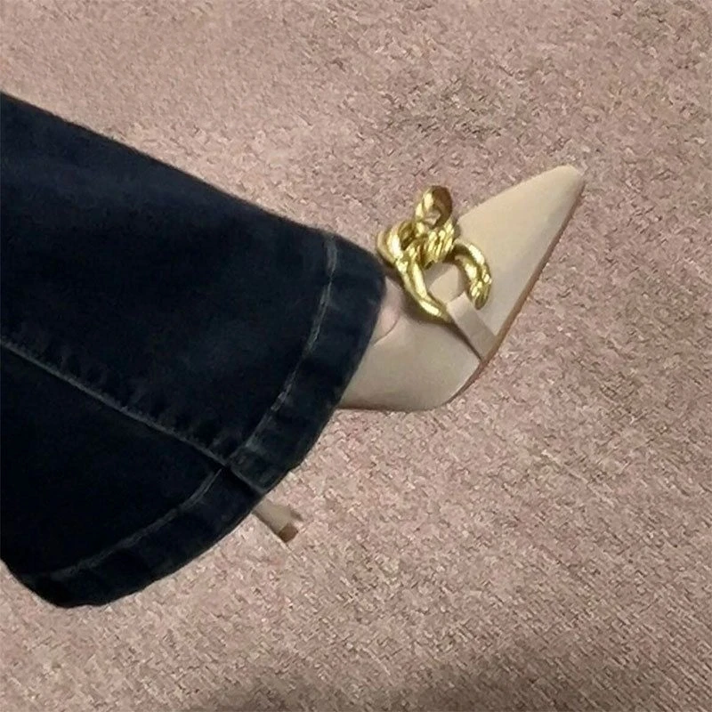 【新品福利】杏色绝美法式高跟鞋春季小众设计感金属链条超美宴会鞋