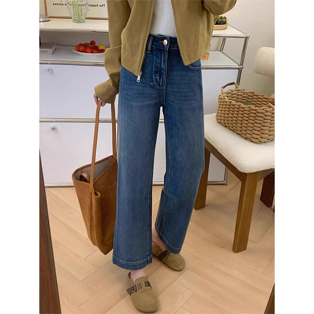 蓝色直筒牛仔裤女秋季新款大码胖妹妹高腰宽松显瘦梨形身材阔腿裤