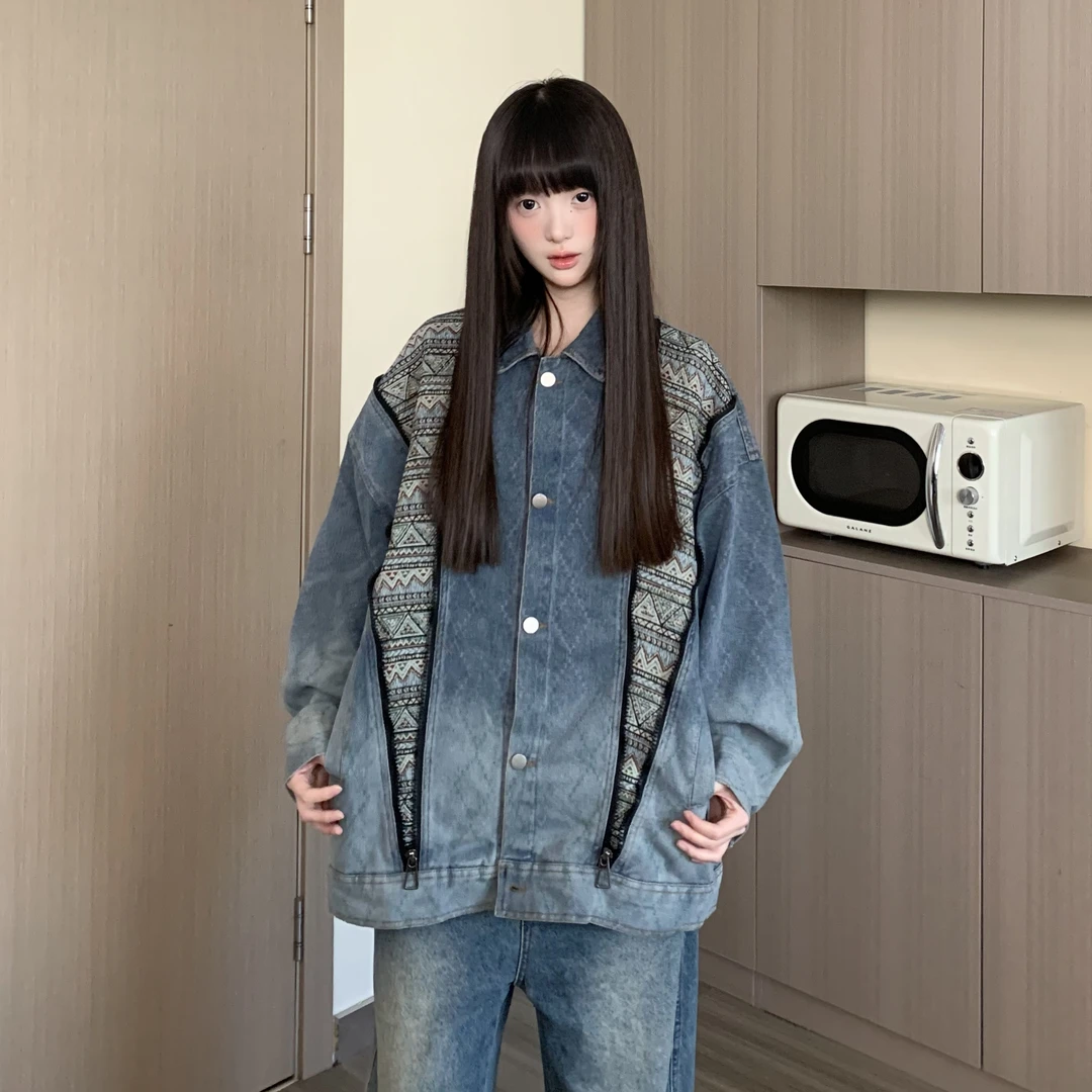 TOM潮 民族风牛仔外套2025复古美式拼接撞色短外套情侣男女